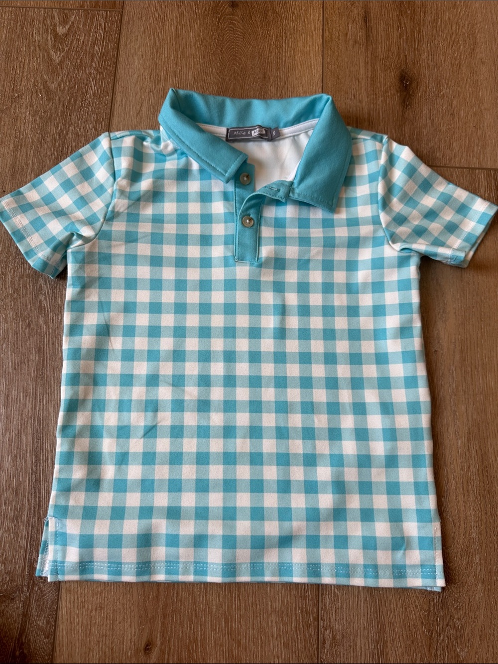Millie & Maxx Boys Aqua White Gingham Polo Shirt Size 5 Short Sleeve